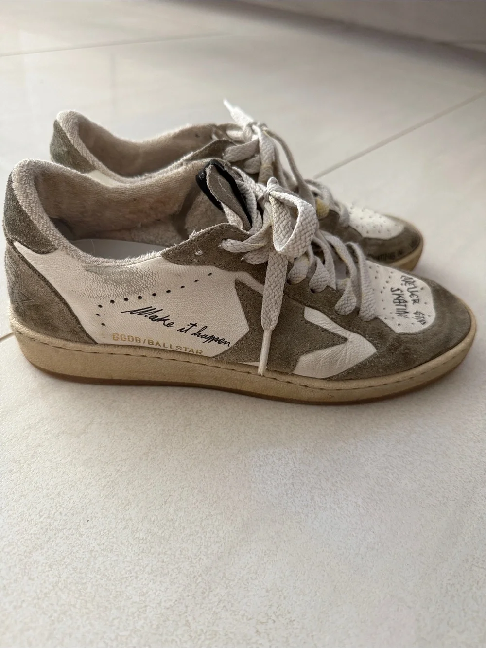GGDB Super-Star Distressed Sneakers in White & Taupe